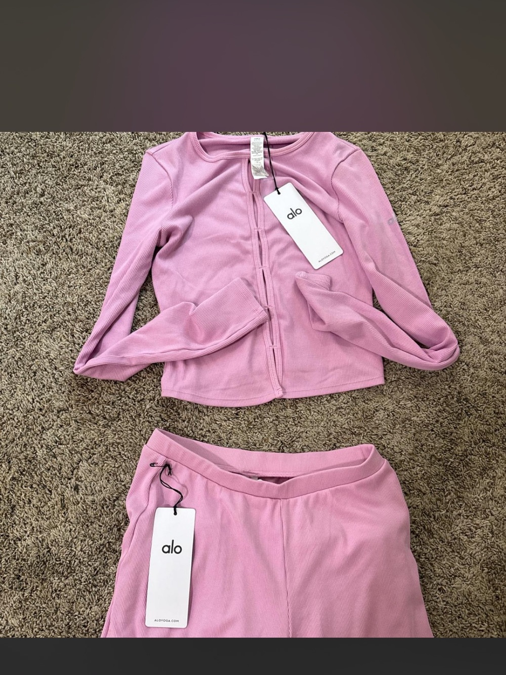 Alo Pink Ribbed Zip-Up Top and Matching Pants Set